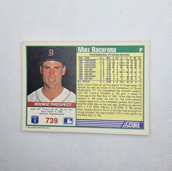 1991 Score Mike Rochford Boston Red Sox #739 Baseball Card - Picture 3 of 3